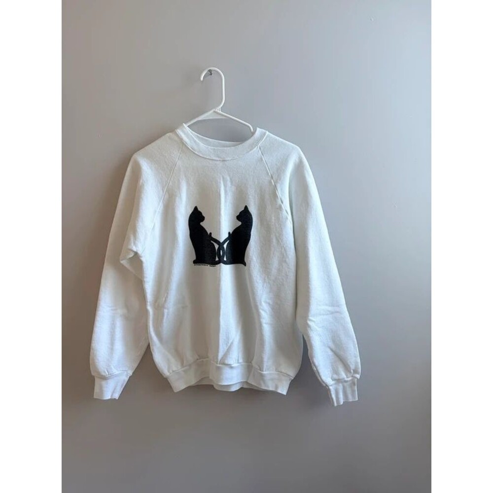 Vintage 90s Black Cats Graphic Crewneck Sweatshirt - white, casual, cute, retro